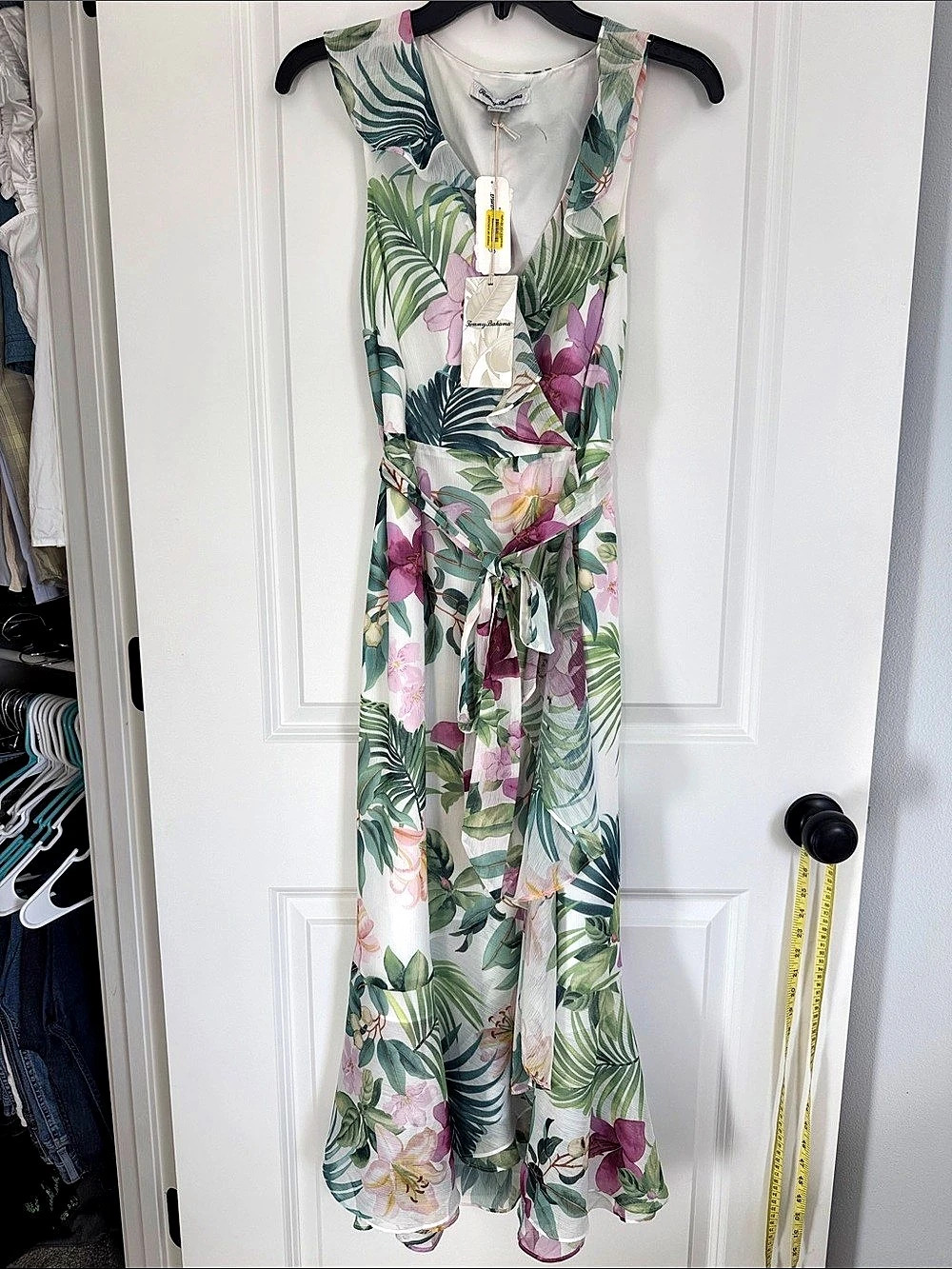 Tommy Bahama Tropical Bliss Tie Waist Faux Wrap Maxi Dress Floral Green & Pink